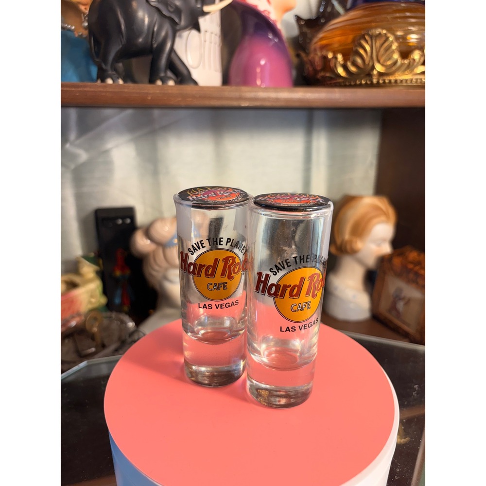 Hard Rock Cafe Las Vegas Save The Planet Shot Glass Pair with Pin Backs Clear